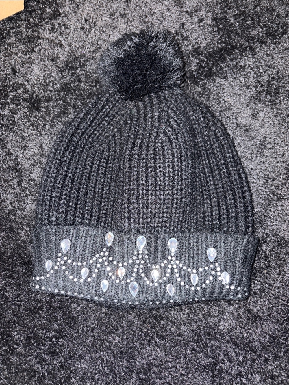 Black Embellished Pom-Pom Beanie Hat